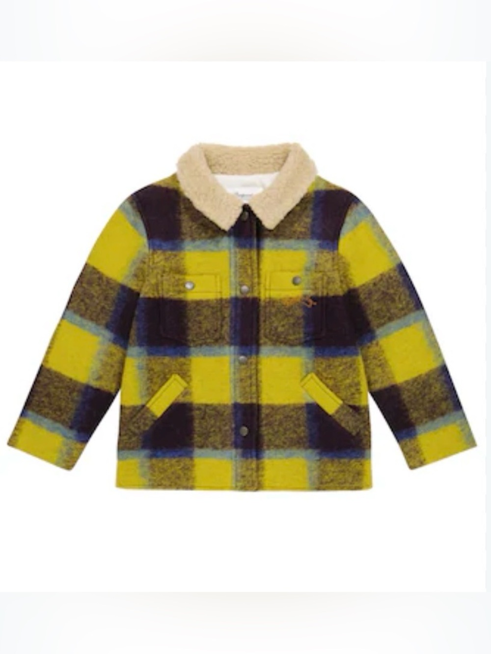Bonpoint Baya Tartan Yellow and Navy Plaid Sherpa Collar Pea Coat